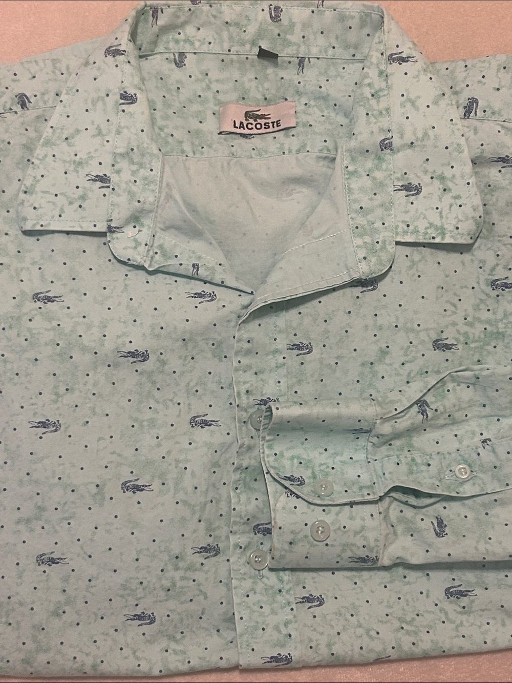 Lacoste Mens XXL Mint Green All Over Crocodile Print Cotton Long Sleeve Shirt